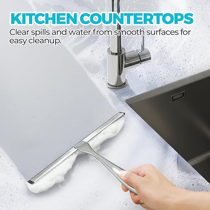 ALFLOD 2PACK All-Purpose Shower Squeegee for Shower Doors, Tile Shower Walls, Bathroom, Window, Glass and Car Windshield, Mirrors and Kitchen-Stainless Steel, 9.8-Inch, Silver