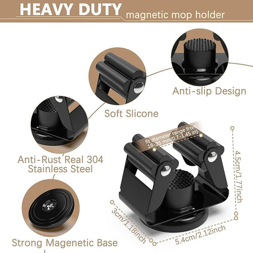 3-H Magnetic Broom Holder 4 Piece Set, 304 Stainless Steel Broom Holder Wall Mount, No Drilling Magnetic Tool Holder with 2 Mini Magnetic Hooks for Garage Garden Laundry Kitchen, Black