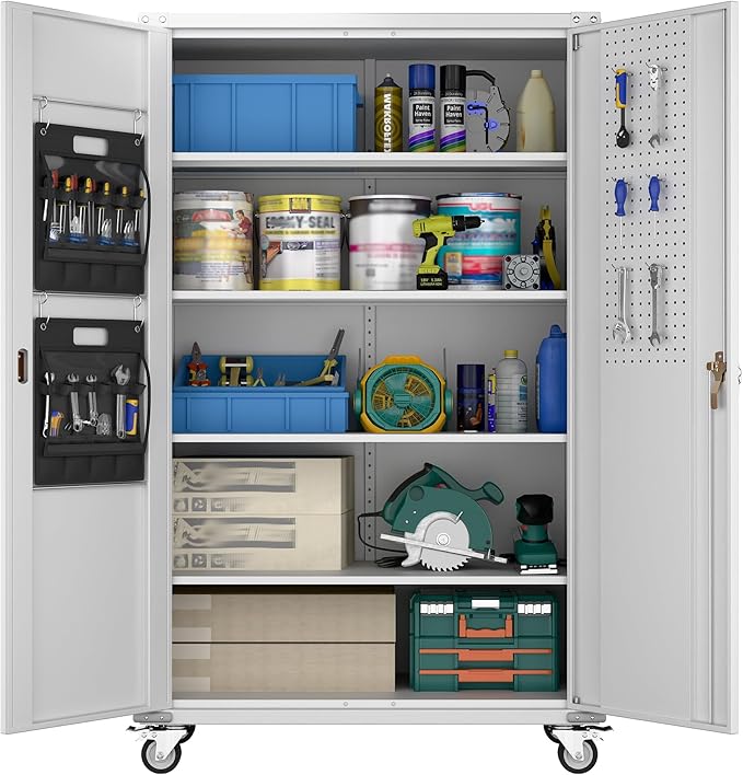 Upgraded Wide and Deep Garage Storage Cabinet with Wheels and Doors,Metal Storage Cabinet with Pegboards and 4 Adjustable Shelves for Garage Home Basement,Required Assembly,White,43.3"Wx21.9"Dx72"H