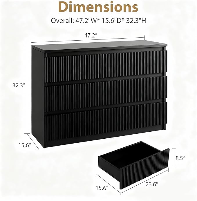 6 Drawer Dresser Black Modern Fluted Tall Wooden Chest Double Dresser for Bedroom, Living Room, Closet