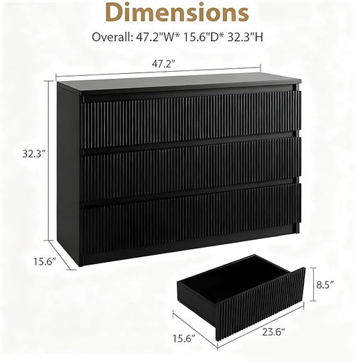 6 Drawer Dresser Black Modern Fluted Tall Wooden Chest Double Dresser for Bedroom, Living Room, Closet