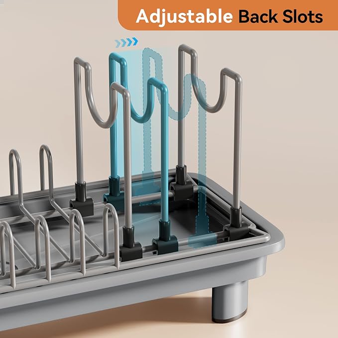 Laveshop Small Dish Drying Rack, Compact Dish Drainer for Kitchen Counter, with Adjustable Back Slots, Space-Saving for Small Kitchens, Gray