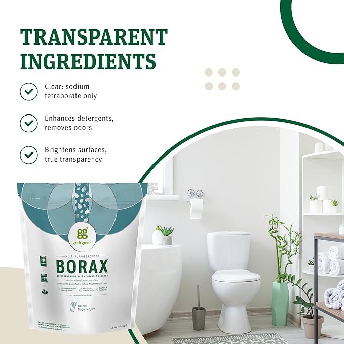 Grab Green Borax Natural Laundry Detergent Booster and Household Multipurpose Cleaning Powder, 4 lbs, Superior Cleaning Power, Plant and Mineral Based