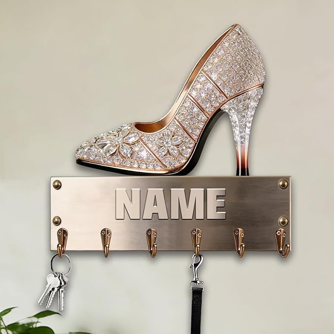 Personalized Wooden 2D Flat Print High-Heeled Shoe Wall Mounted Hook for Women Girl Family Friends Custom Name Key Storage Holder High-Heeled Shoe Coat Rack Home Dexor Gift for Living Room Hallway