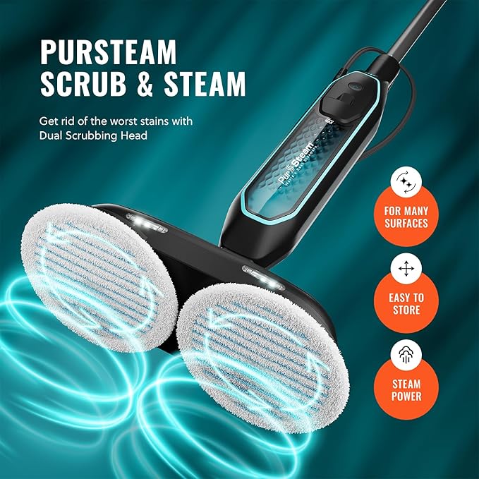 Pursteam ScrubMaster Steam Mop with Dual Scrubbing Head, LED Headlights, Adjustable Steam Control, Anti-Slip Swivel Head, Cable Holder & Upright Lock