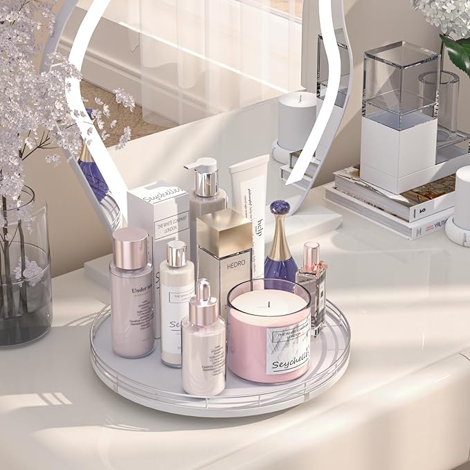 13" Oak Wood Bathroom Tray for Counter, Vanity Tray for Perfume Lotion Candle Makeup Jewelry Sink Soap Holder Turntable Dresser Organizer Countertop Coffee Table Decor Organization and Storage Silver