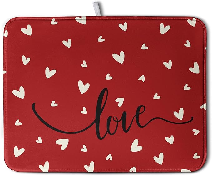 Wnoesat Valentines Day Dish Drying Mat 18x24 Inch Valentine Red Love Heart Drying Mats for Kitchen Counter Super Absorbent Microfiber Large Dish Drying Pad Heat Resistant Dish Draining Rack Mat