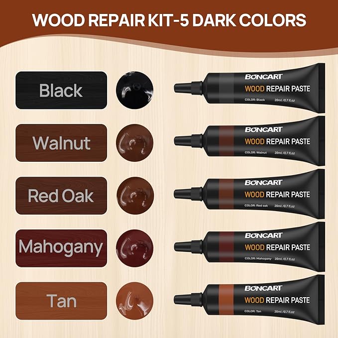 Boncart Wood Furniture Repair Kit, Wood Touch up Fillers, Repair Scratches, Cracks, Paint Chips, and Nail Holes on Furniture, Floors, Doors, Cabinets, and Tables (5 Dark Colors)
