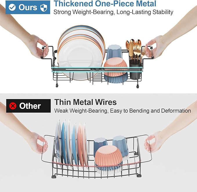 iSPECLE Small Sink Dish Drying Rack with Silicone Mat, Expandable Compact Rust Resistant Dish Drainer for RV Apartment Kitchen, Dish Rack with Tightening Knob, 9" W x 12"-16.8" L, Black