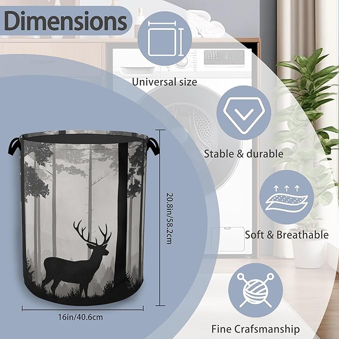 Deer Laundry Basket,Forest Foldable with Handles Tote Bag Oxford Cloth for Bathroom Bedroom Dirty Clothes Storage Bucket 16" x 20.8"