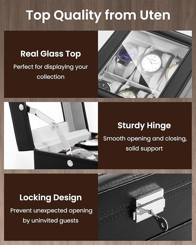 Uten 6-Slot Watch Box, 2-Layers PU Leather Watch Case with Glass Lid, Watch Holder Organizer with Soft Pillow and Velvet Lining, Watch and Jewelry Storage Box