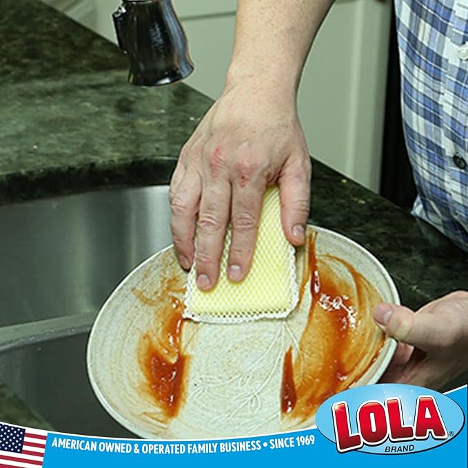 LOLA Nylon Netting Sponge Cleaning Scrubber Pad, 12 Pack, Non Scratch, Safe on Non-Stick Surfaces Coated Cookware & Dishes - Gentle Effective Cleaning