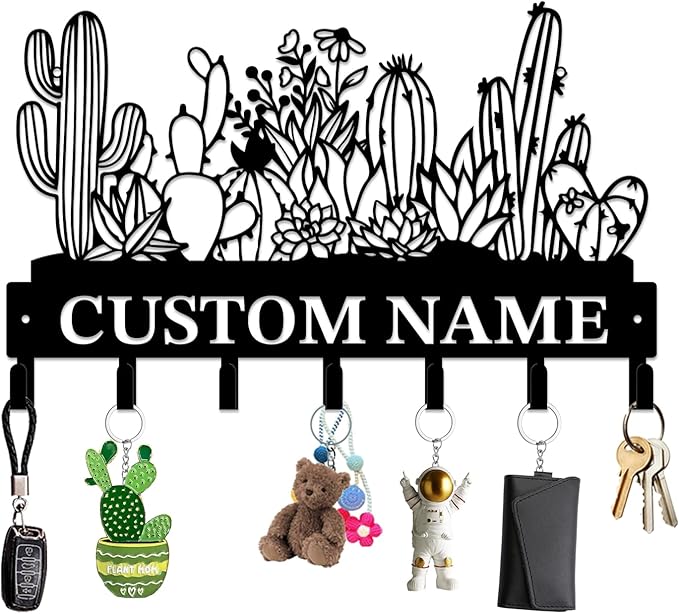 Personalized Custom Name Cactus Wall Keys Hooks,Metal Cactus Art Clothes Hooks,Metal Cactus Lover Wall Home Storage Decorative,For Front Door, Hallway, Kitchen, Bedroom,Keys,Hats (Style D)