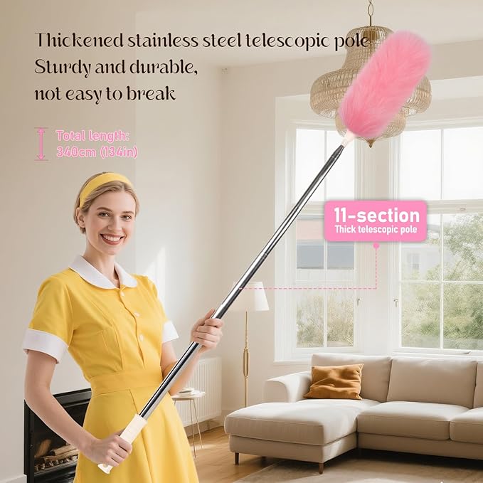 iHUFeather Extendable Lambswool Duster Stainless Steel Handle 133" Removable Feather Duster for Cleaning Ceiling Fans Interior Roof Furniture, Pink