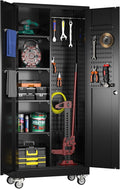17.7" D×33.5" W×70.87" H Broom Closet Storage Cabinet with Wheels and Pegboard,Garage Storage Cabinet with Doors,Adjustable Shelves for Garage Home,Required Assembly,Black