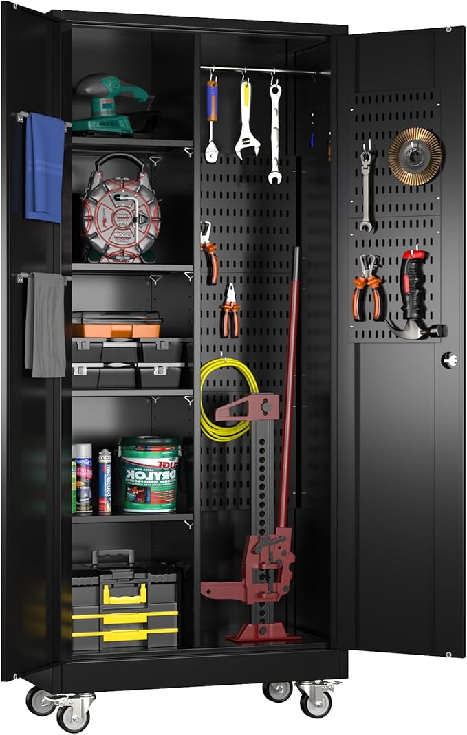 17.7" D×33.5" W×70.87" H Broom Closet Storage Cabinet with Wheels and Pegboard,Garage Storage Cabinet with Doors,Adjustable Shelves for Garage Home,Required Assembly,Black