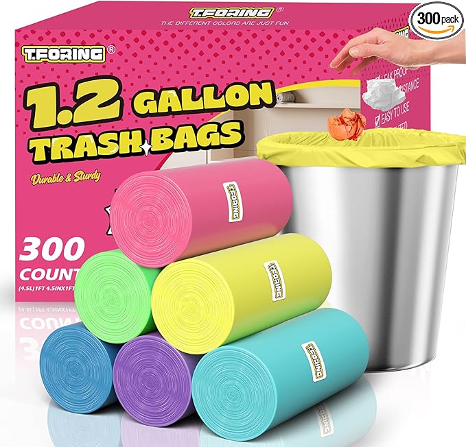 T.FORING 300 Count 1.2 Gallon Trash Bags - 4.5 Liter Colored Small Garbage Bags Unscented Mini Can Liners Leakproof & Tear Resistant for Bathroom, Office, Home