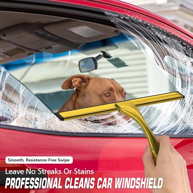 OVSGTTZ Stainless Steel Shower Squeegee for Glass Door with 3 Adhesive Hook, Glass Cleaning Squeegee for Bathroom & Household Window, Mirrors, Tiles and Car, Clear 10 Inches Golden