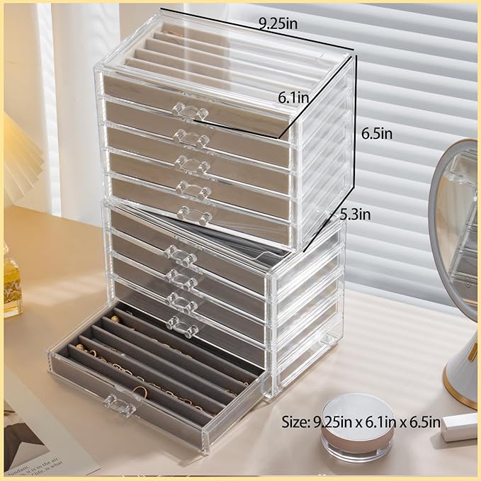 Necklace Organizer Box with 5 Drawers 30 Compartments, Dustproof Velvet Necklace Display Tray, Acrylic Necklaces Display Case, Pendant Chains Necklace Storage Tray Gift for Women and Girls (Beige)