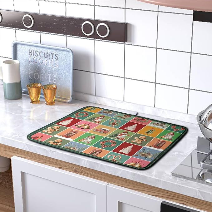 Kwlegh Christmas Dish Drying Mats for Kitchen Counter Cute Xmas Holiday Dish Drainer Pad Microfiber Absorbent Winter Dish Draining Mat Washable Dish Drainer Rack Mat Medium 16x18 Inch