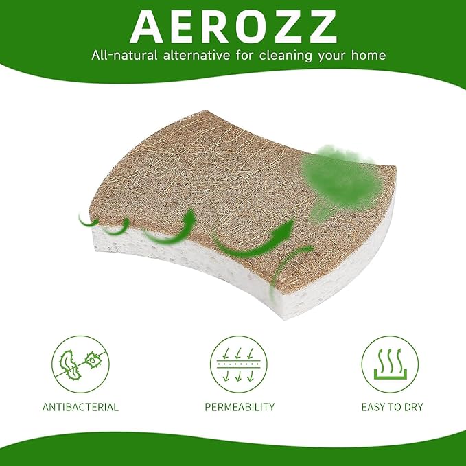 AEROZZ 10 Pack Biodegradable Natural Sponges Kitchen - Compostable Cellulose and Coconut Walnut Scrubber Sponge - Non Scratch Eco Friendly Quick Drying Sponges for Dishes