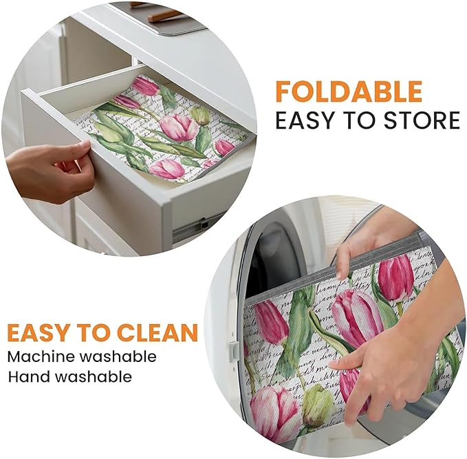 Dish Drying Mat For Kitchen Counter, Pink Tulip Flowers Text Microfiber Absorbent Dish Drainer Rack Pad Reusable Large 18x24in Drying Mat