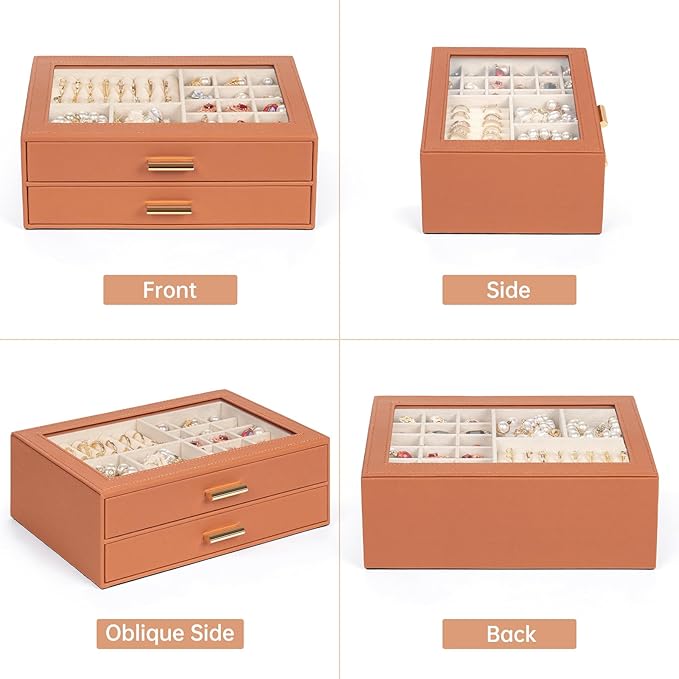 AKOZLIN Jewelry Box with Clear Lid Functional Leather Jewelry Storage Organizer Case 2 Drawers for Women Girls Necklace Ring Bracelet Earring