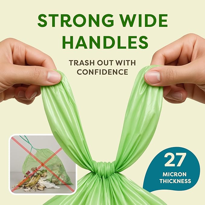13 Gallon Compostable Trash Bags (40 Count) — Leakproof Plant-based Thick (1.1 Mil) Tall Kitchen Garbage Bags — ASTM D6400 BPI Certified — Heavy-Duty Large Food Scrap Liner Bag with Handle-Tie