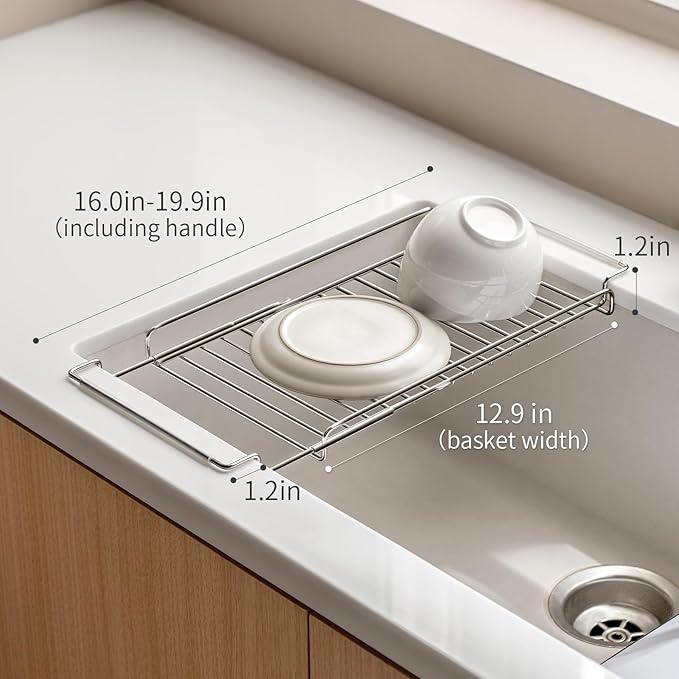 LANZYLO Expandable Stainless Steel Dish Drainers for Kitchen Counter, Dish Dryer Rack for Inside Sink, Over The Sink Dish Racks 1PCS, Silver (Medium)