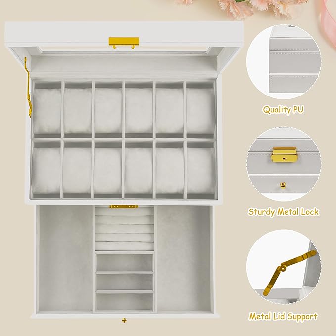 Ogrmar 12 Slot PU Leather Lockable Watch Storage Boxes, Men & Women Jewelry Display Drawer Case, 2-tier Organizer Watch Showcase with Glass Lid (White)