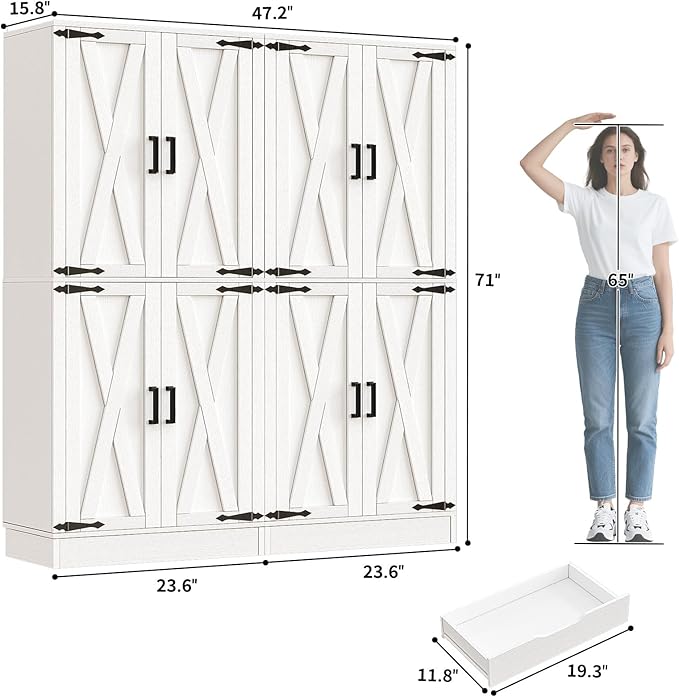 Unikito 71" Tall Kitchen Pantry Cabinet with Farmhouse Barn Doors and Storage Drawer, 8 Adjustable Shelves, Freestanding Cupboard for Dining Room, Living Room, Utility Room, White, 2 Pack