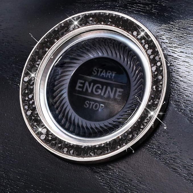 ToBeQueen Bling Car Crystal Rhinestone Ring Emblem Sticker, Car Interior Decoration, Bling Car Accessories for Women, Push to Start Button, Key Ignition Starter & Knob Ring (Black)