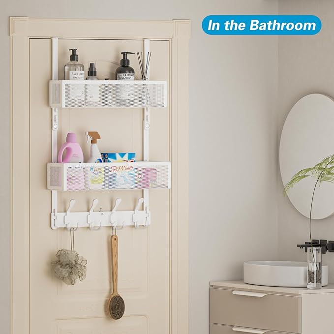 Aimeaihe Over The Door Hooks Organizer, Door Hanger Towel Rack with 2 Baskets, Adjustable Over The Door Coat Rack, Back of Door Storage for Bedroom, Kitchen, Bathroom (White)