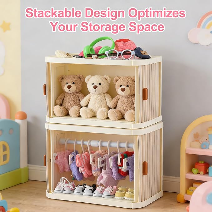 Foldable Doll Clothing Closet for Lububu - Double Sliding Door Stackable Storage Box for 4-7 Inch Doll Clothes, Premium Doll Clothes Organizer with 10 Hangers & 1 Hanging Rod (Gray)
