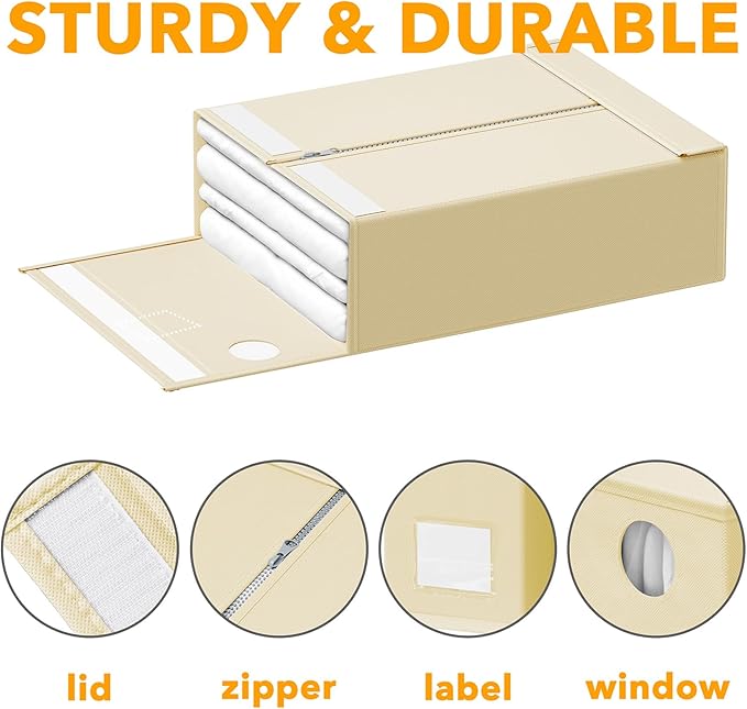 SpaceAid 3 Pack Bed Sheet Organizers and Storage, Foldable Linen Closet Organizer, Set Folder Keeper With Window XL (Queen & King Size) Bedding Container (Beige)