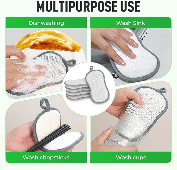 Multipurpose Cleaning Sponges, Non Scratch Double-Sided Heavy Duty Scrub Sponges, Silver Stainless Steel and Multi-Layer Fiber, Metal Scrubbing Pads Sponge Cloths for Home Kitchen (10)