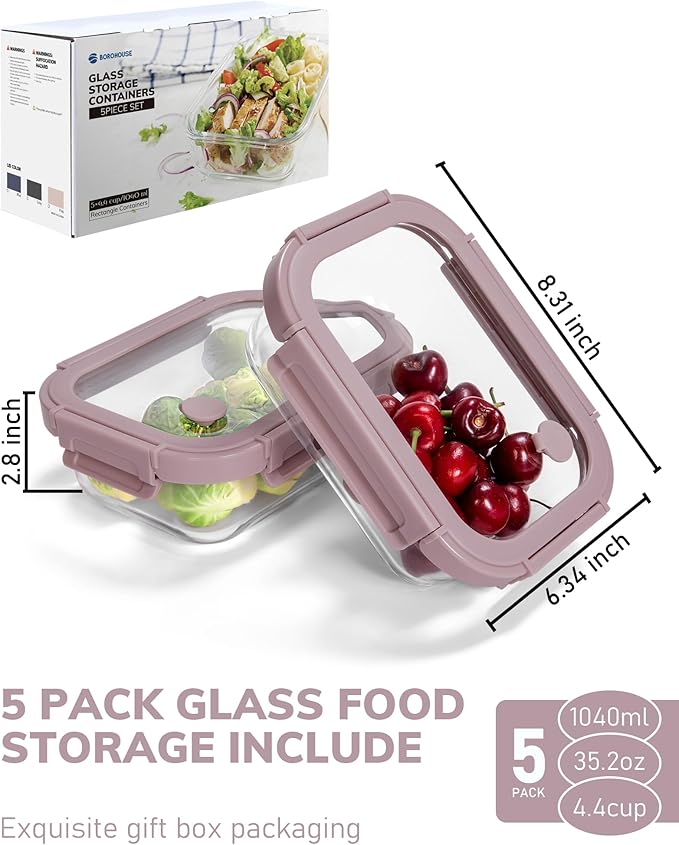 BOROHOUSE 5-Pack Borosilicate Glass Containers with Tempered Lids, 35.2oz/4.4 Cup Airtight Meal Prep Set, Microwave/Freezer Safe (Pink)