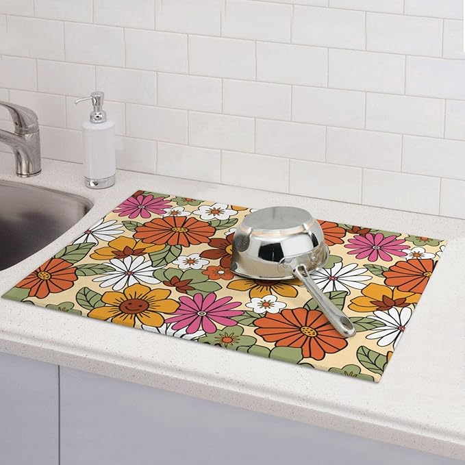 Boho Flowers Dish Drying Mat for Kitchen Counter,Retro 70s Groovy Daisy Dish Mat Microfiber Drying Pad Dish Drainer Mats for Countertop Coffee Bar 18x24 Inch