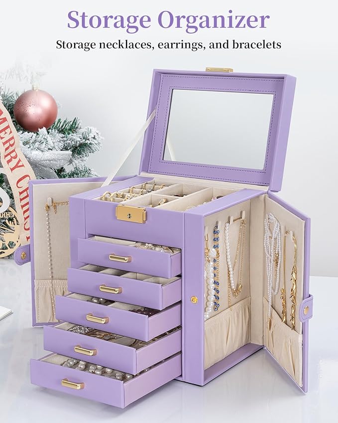 TORIBIO Large Jewelry Box for Women, Leather Jewelry Organizer with Mirror & Lock, 6-Tier Jewelry Storage Case for Girls/Women/Mothers, Necklace Earring Bracelets Holder Organizer