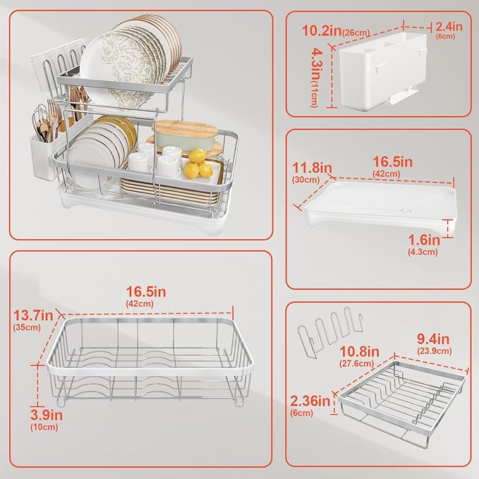 HOMEAILIE Dish Drying Rack for Kitchen Counter, 2-Tier 304 Stainless Steel Dish Rack with Adjustable Drainage Board, Removable Cup Holder, Utensil Holder, White
