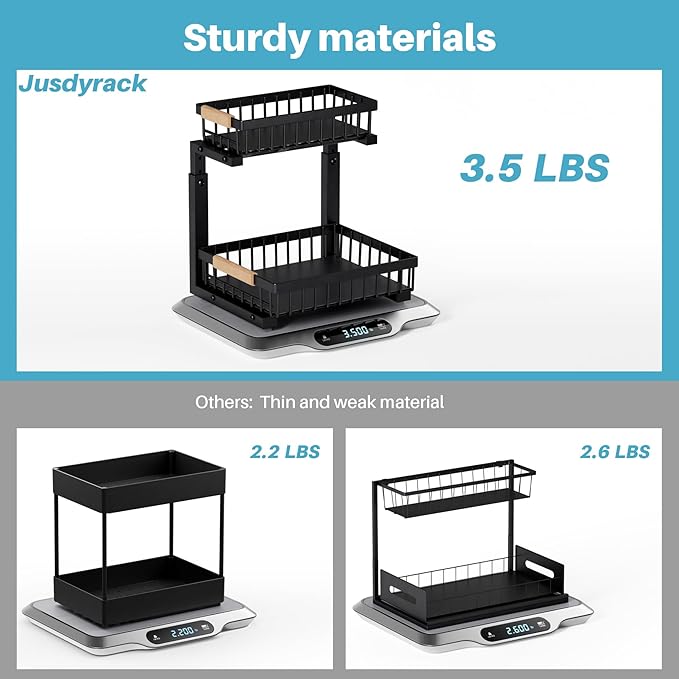 Jusdyrack 1 Packs 2 Tier Pull Out Cabinet Organizer Storage Shelf, Sliding Under Sink Organizers, Metal Drawer for Kitchen, Bathroom, Pantry Closet Organization Rack,Black