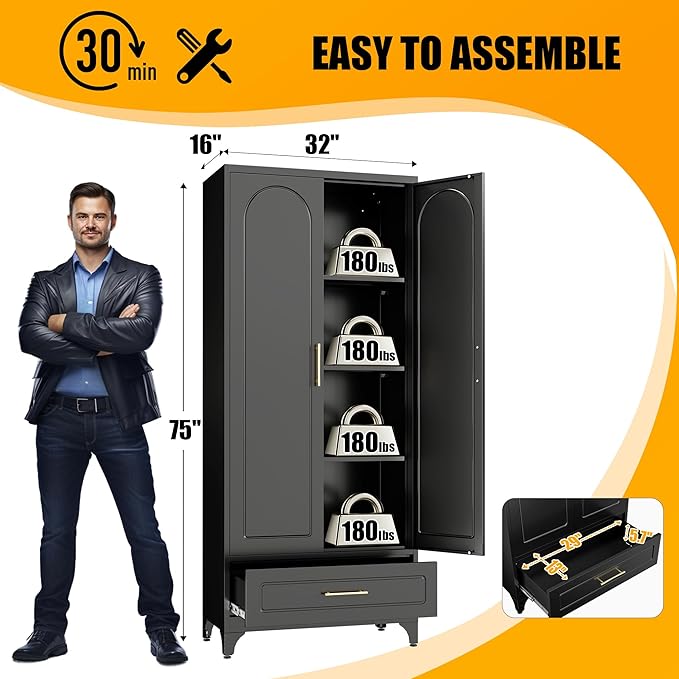 Metal Storage Cabinet with Doors and Shelves, 75" Tall Kitchen Pantry Storage Cabinets with Drawer, Black Pantry Cabinet, Steel Office Cabinets, Large Cupboard- Assembly Required