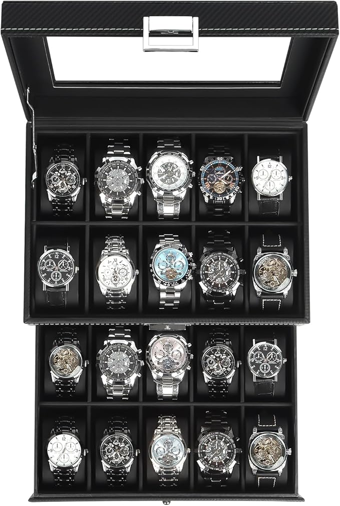 Watch Case for Men, 20-Slot 2-Layer Watch Box with Large Glass Lid, Watch Storage Organizer with Removable Watch Pillows, Men's Jewelry Box with Lock, Watch Holder Display Case, Gift for Men Women