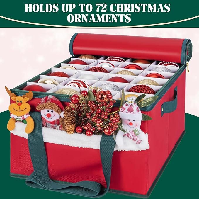Christmas Ornament Storage Box Holiday Ornaments Storage Container Bin Zippered Top Ball Storage with Adjustable Dividers Holds 72 Ornaments (3 Inch) Red