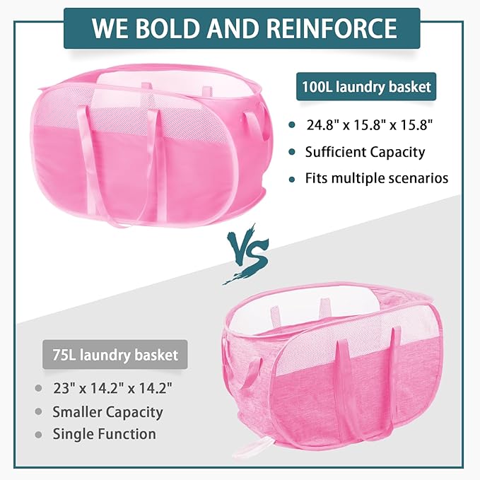 Collapsible Laundry Baskets, Tear Proof Pop Up Laundry Hamper with Dual Handles, Durable Foldable Laundry Basket, Easy to Carry Laundry Hamper for Home, Laundry Room, Bedroom, Dorm, Travel Pink