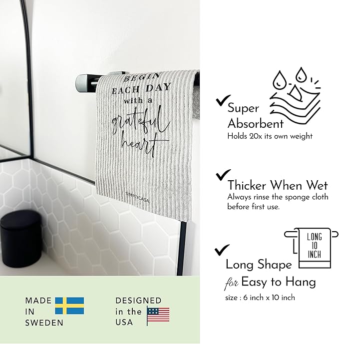 SIMPLYCASA Long Gray 7‑Pack Swedish Dishcloths – Reusable,Cellulose Sponge Dish Cloths for Washing Dishes, Paper Towel Replacement, Plastic-Free Packaging, Super Absorbent
