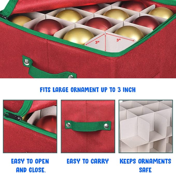 ProPik Christmas Ornament Storage Box, 4 Tier Holds Up to 64 Holiday Ornaments Decoration Balls, Storage Container with Dividers for 3” Bulbs, Made with Durable Oxford Polyester Material (Red)