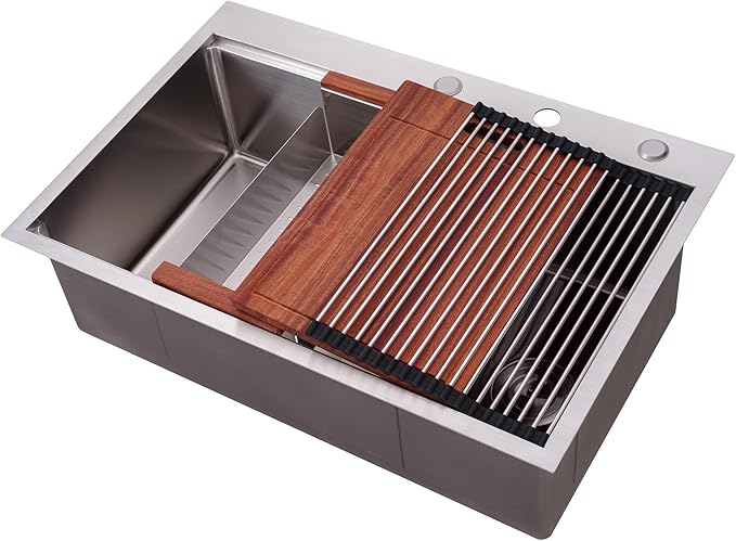 33” x 22” Workstation Topmount/Drop-in Stainless Steel Sink, 16-Gauge Bowl 15mm Radius, Accessories Includes Bottom Protective Grid, Dish Rack, Colander, Strainer & Cutting Board
