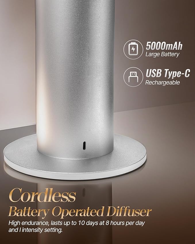 Waterless Essential Oil Diffuser for Home Large Room 2000 Sq.ft Coverage,Cordless Wireless Battery Operated Diffuser with White Tea Oil,Scent Diffusers for Hotel/Office/App/Remote Control/Timer,Silver