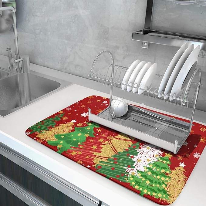 Christmas Dish Drying Mat 18 x 24 Inch Red and Green Absorbent Reversible Microfiber Mat Xmas Tree and Snowflake Pattern Dish Rack Pad for Coffee Bar Winter Decor